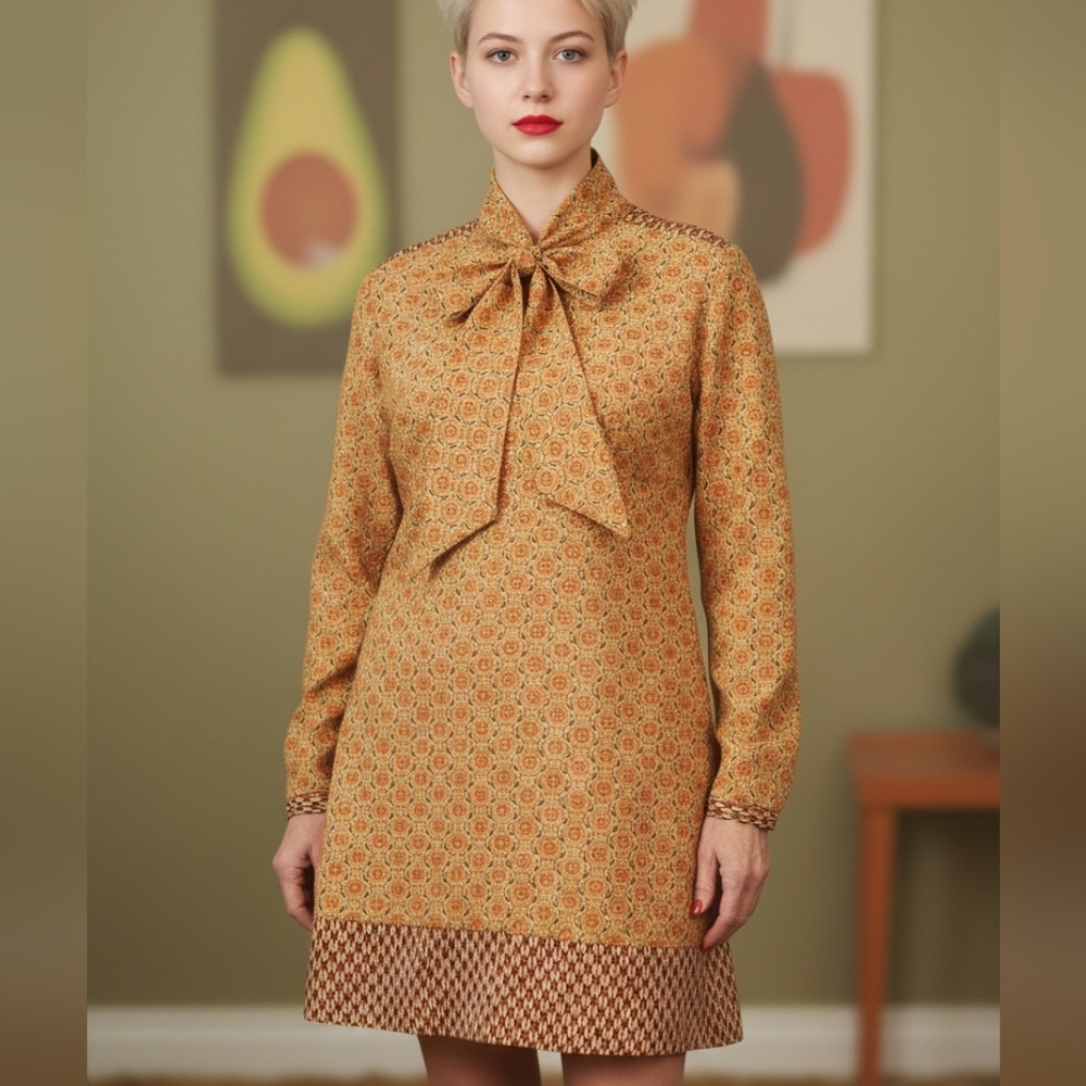 Sweet💞RIVER ISLAND Brown/Orange Patterned MINI with FRONT BOW&BUTTONS Sz M